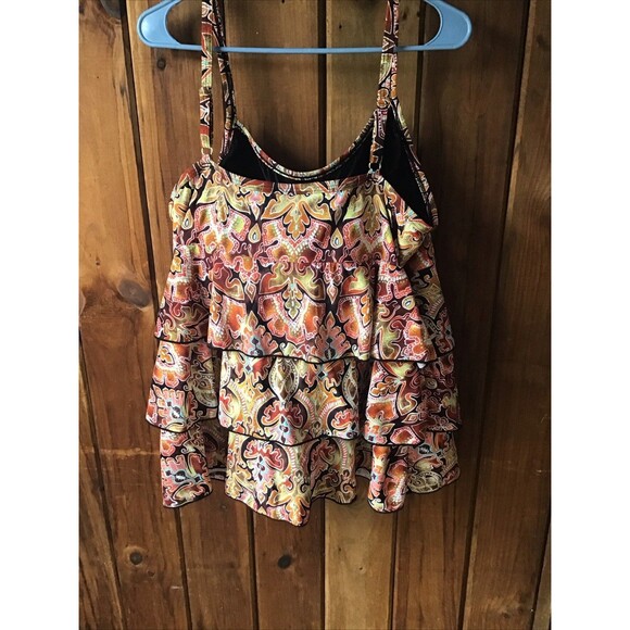 Fit 4 You Orange Tropical Bathing Suit Tankini Top 24W Built In Bra 3 Tier - Picture 4 of 8